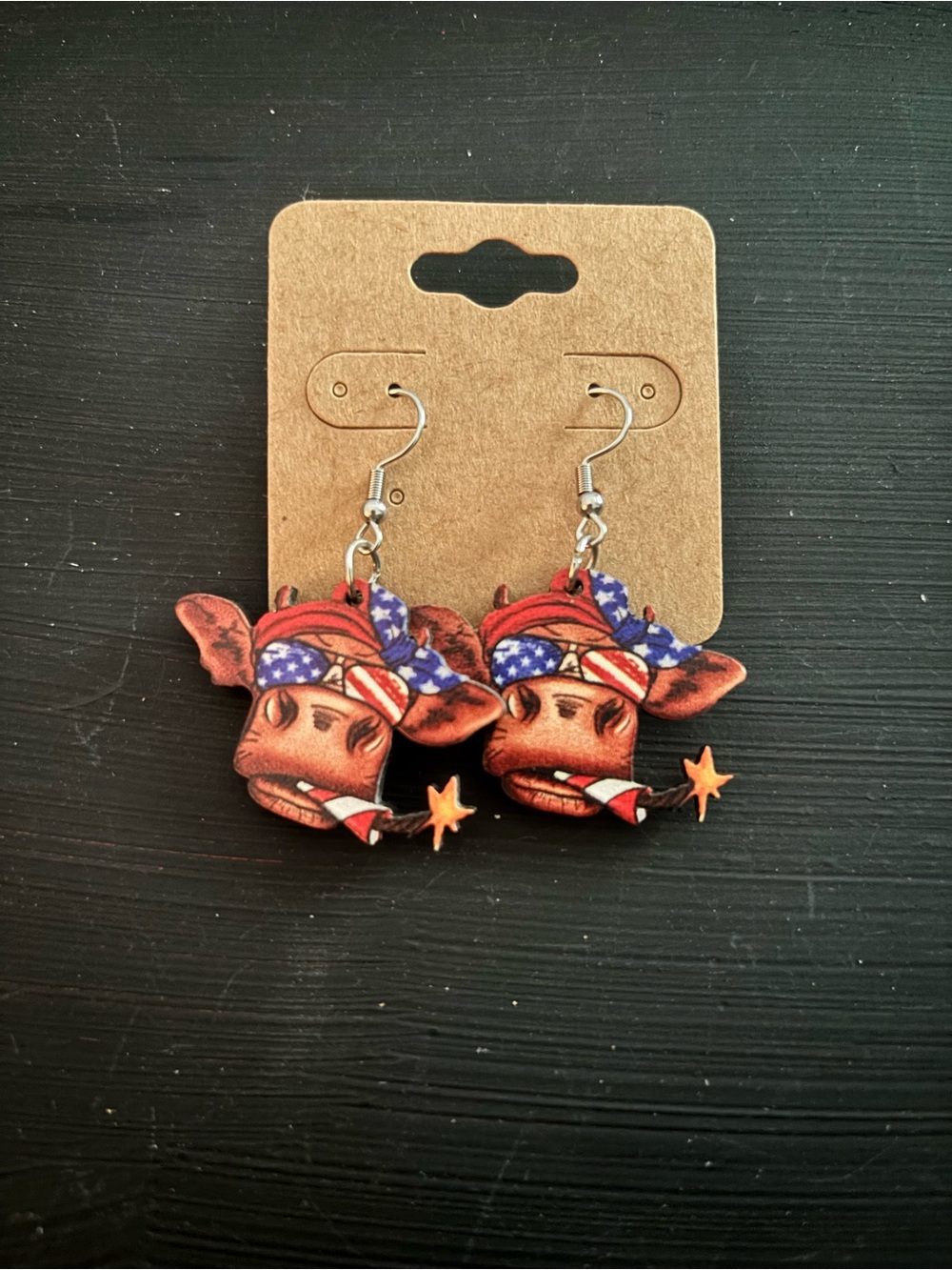 Patriotic Cow Wood Dangle Earrings- Red, Blue